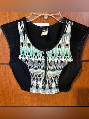 Hurley Black & Aqua Patterned Front-Zip Cropped Swim Sport Top